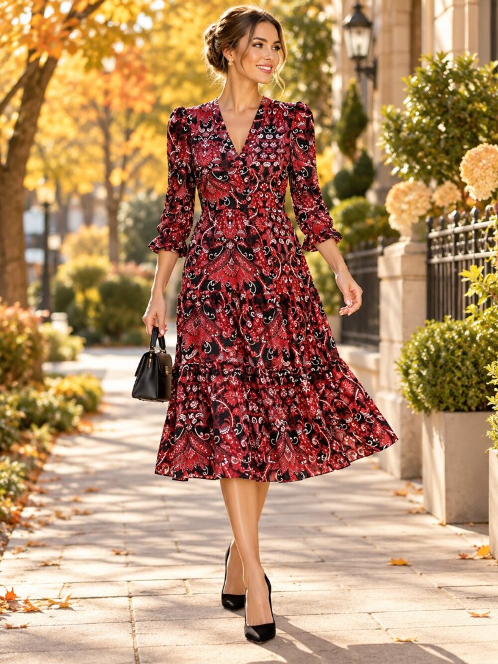 Jude Connally Paisley Tiered Midi Dress Red Black Size S NWT